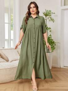 Lacomfia Vestito camicia casual con bottoni in taglie comode, manica corta, monocolore, comodo e versatile