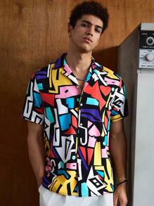 SWAVVY Men Geo Print Colourblock Shirt - Multicolor - View 4