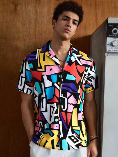 SWAVVY Camisa gráfica de manga corta con botones, estampado geométrico y bloques de color para hombres, cosas de pareja