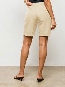 AiiRZ 量身定制百慕大休闲短裤斜纹布夏季商务休闲办公室褶皱阔腿裤及膝度假裤 - 杏色 - 查看 2