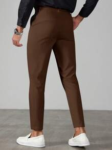 Manfinity Mode Celana Panjang Pria Warna Cokelat Kopi untuk Musim Panas, Kasual, untuk Kantor, Gaya Klasik, Warna Polos, Desain Ikat Pinggang dengan Tali Serut, Cocok untuk Perjalanan Sehari-hari - Coffee Brown - View 5