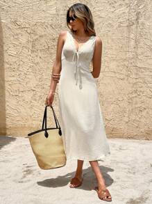 SHEIN Frenchy 女式夏季度假风格深V领前打结修身中长连衣裙 - 杏色 - 查看 6