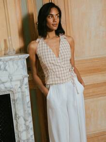 lacRébo Check Sleeveless Wrap Top With Collar And Open Back European Spring Top Old Money Style Top - Red - View 3