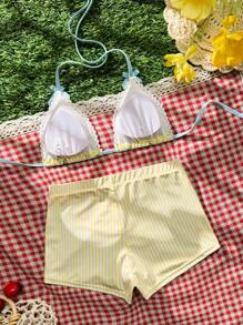 SHEIN Swim 女士度假装 2 件套泳衣套装 - 奶油黄柠檬印花条纹度假比基尼上衣和平角裤，甜美可爱的海滩度假造型度假两件套 - 黃色 - 查看 4