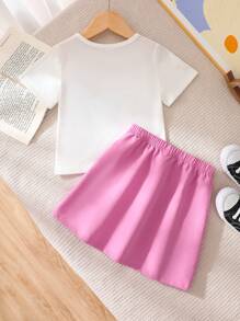 2pcs/Set Young Girls Commuter Casual Top With Printed Graphics And Plain Color Shorts, Spring/Summer Girls Clothes Back To School Outfit Girl First Grade Clothes Girl Summer Holiday