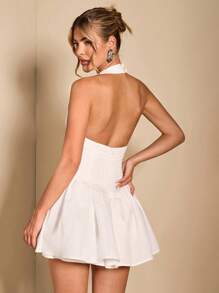 SHEIN BAE 纯色方领露背方领褶皱迷你连衣裙露背连衣裙粉色女式泡泡无袖连衣裙宫廷风格节日连衣裙夏季背部大蝴蝶结装饰，优雅，女士海滩装/海滩，女士晚礼服/新娘送礼会礼服白色，毕业礼服/毕业装，女士早午餐装，女士音乐会装/狂欢装节日/乡村音乐会装/伊比沙岛装/纳什维尔装，度假，度假，端庄，白色毕业礼服