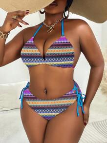 SHEIN Swim Curve 大尺碼女款 2件組/套 紋理面料綁帶式性感鏤空比基尼泳衣套裝，適合海灘與度假，適用於夏季海灘假期 - 彩色 - 查看 3