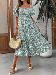 女式简约清新绿色碎花全身印花长裙，短袖