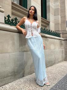 SHEIN EZwear Women's Summer Vacation Style Splice Lace Trim Cotton Mesh Embroidered Criss-Cross Backless Camisole Top - White - View 3