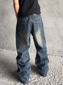 Manfinity EMRG Jeans masculino com perna larga e decoração de rebites em gradiente estilo vintage - Lavagem escura - Ver 2