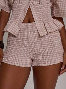 MUSERA Mid Rise Smocked Gingham Shorts Only Summer Cute Vacation 90's Y2k Ibiza Boho Holiday Vacation Winter - Baby Pink - View 5