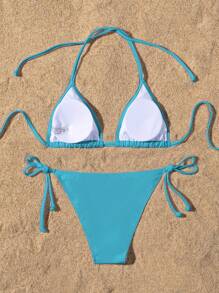 SHEIN Swim 素色領結式抹胸比基尼泳衣，適合夏季海灘 - 藍色 - 查看 2