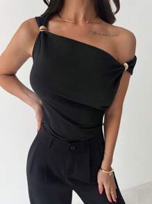Firerie Women's New Pleated Asymmetric Shoulder Bodysuit, Casual Black Versatile Playsuit With Gold Decor, Elegant Sexy Bodysuit For Daily Wear, Office, Vacation, Beach, Music Festival, Spring/Summer