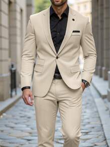 Manfinity Mode Conjunto de chaqueta y pantalones de traje con solapa pico y abotonadura sencilla con abertura en la parte trasera para hombres