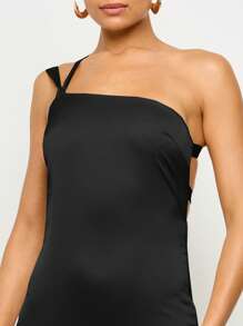 AiiRZ 单肩晚礼服及地长款正式礼服婚礼宾客缎面舞会礼服后背系带细节派对场合穿着 - 黑色 - 查看 5