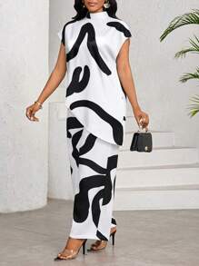 SHEIN Lady 夏季优雅通勤简约几何印花两件套女两件套服装女夏装女度假装女两件套服装女 - 黑與白 - 查看 6