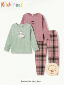 3pcs Young Girl Minimalist Plaid Pants Set With Green & Pink Rabbit & Cherry Floral Long Sleeve Top, Casual Homecoming Outfit - Multicolor - View 1