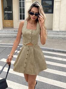 Serisse 女士夏季单排扣背心和迷你裙两件套，时尚 - 卡其色 - 查看 4