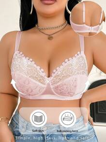 DesireSculpt 1pc Plus Size Lace Patchwork Steel Wire Bra, Lift - Pink - View 5