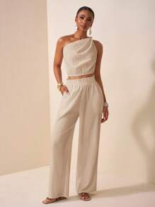 Zivah 2025夏季新款音乐节,复活节,母亲节,西式,游牧风,生日派对,毕业季,学生装,休闲日常装,基础百搭,休闲,度假,邮轮旅行,海滩,日光浴,时尚流行,优雅,通勤,商务休闲,扭纹,露肩,露背,短款女上衣和直筒宽松裤,荷叶边下摆,口袋,纹理面料,白色,女式两件套 - 杏色 - 查看 5