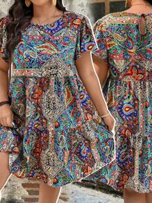SHEIN LUNE Vestido veraniego de talla grande para mujer con cuello redondo, manga corta y diseño colorido, vestido corto de línea A para vacaciones, atuendo de playa y festival para mujer