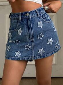 Livesso Gonna estiva da donna con stampa di stelle all-over e ricamo, gonna di jeans casual e carina, pantaloncini di jeans - Blu lavato medio - Visualizzare 1