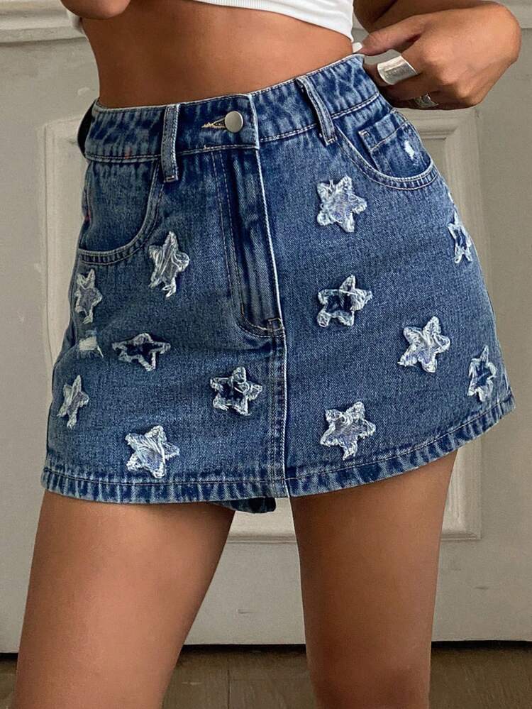 Women's Summer Star Allover Print Embroidery Skirt, Casual & Cute Denim Skirt Denim Shorts Jorts