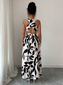 Elenzga 女士度假植物印花镂空腰部露背连衣裙