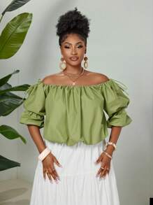 Maweii Camisa sencilla de hombros descubiertos para mujer talla grande - Verde - Ver 4