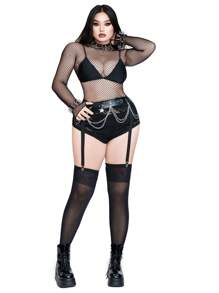 Whyspr Casual Punk Plus Size Lace Patchwork Leggings, Suspender Stockings, High Stretch - Black - View 6