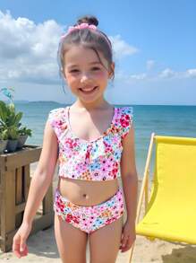 Young Girls Ditsy Floral Ruffle Hem Bikini Sets - Multicolor - View 4
