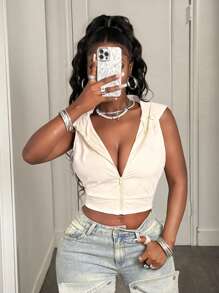 BamGleam 夏季女式无袖连帽防晒运动衫，休闲修身短款上衣，物理防紫外线轻质透气运动衫，毕业、教师、返校套头衫秋季 - 杏色 - 查看 3