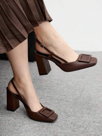 CUCCOO BIZCHIC Women's Square Toe Chunky Heel Brown PU Smooth Material Fashionable Simple Comfortable Daily & Party Buckle Strap Flat Shoes