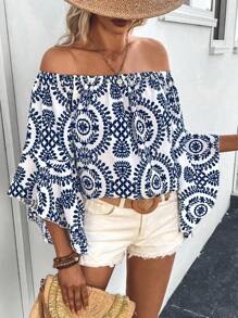 Breezaya 满版印花露肩休闲夏日度假衬衫