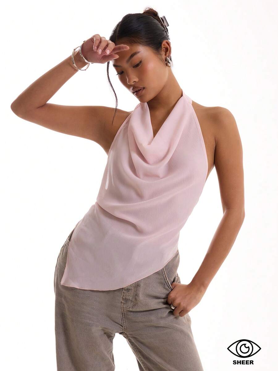 MUSERA Textured Chiffon Draped Halterneck Top Romantic Vacation Spring Summer