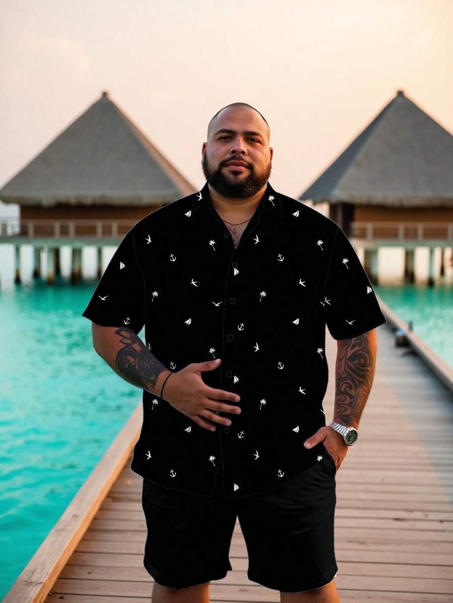 VIVINTIMO 时尚休闲度假风风景剪影印花男士加大码修身短袖衬衫，适合假日、度假、约会，夏季送给男友的礼物。 - 彩色 - 查看 1