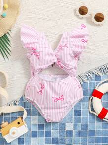 SHEIN Babygirl Cute Pink & White Striped Bow Cutout One-Piece Swimsuit, Summer - Pink - View 9
