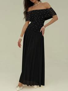 Aloruh Women Elegant Pearl Beaded Ruched Off Shoulder Fitted Long Dress Party Dresses For Women