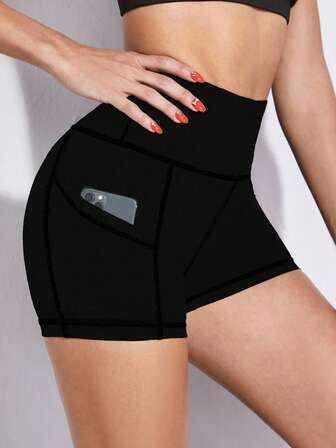 Wide Band Waist Sports Shorts With Phone Pocket Stretchy Shorts Biker Shorts Spandex Short
