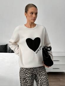 EURMUSE Women Heart Pattern Round Neck Drop Shoulder Pullover,Jumper,Cream Jumper,Jumpers,Black Jumper,Womens Jumper,White Jumper,Women's Jumper,Women's Jumpers,Winter Clothes - Beige - View 4