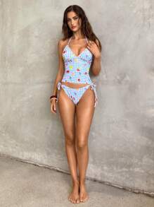 Swim Mod Refreshing Sweet Fruit Plaid Print Spaghetti Strap Bikini Set, Suitable For Summer Vacation - Multicolor - View 4