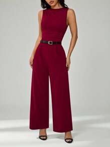 SHEIN PETITE 1pc Women's Burgundy Pleated Wide Leg Loose Jumpsuit With Belt, Casual Style - Burgundy - View 5