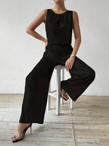 Elenzga Conjunto de 2 piezas de pantalones largos de color metálico de moda para dama, ropa para fiestas y celebraciones de Año Nuevo - Negro - Ver 7