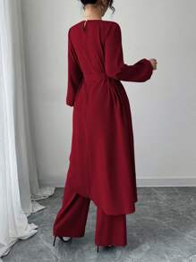 Modelyn 2pcs Set Women Solid Color Tie Front Asymmetrical Hem Top And Pants Fall Cloth For Women - Burgundy - View 2