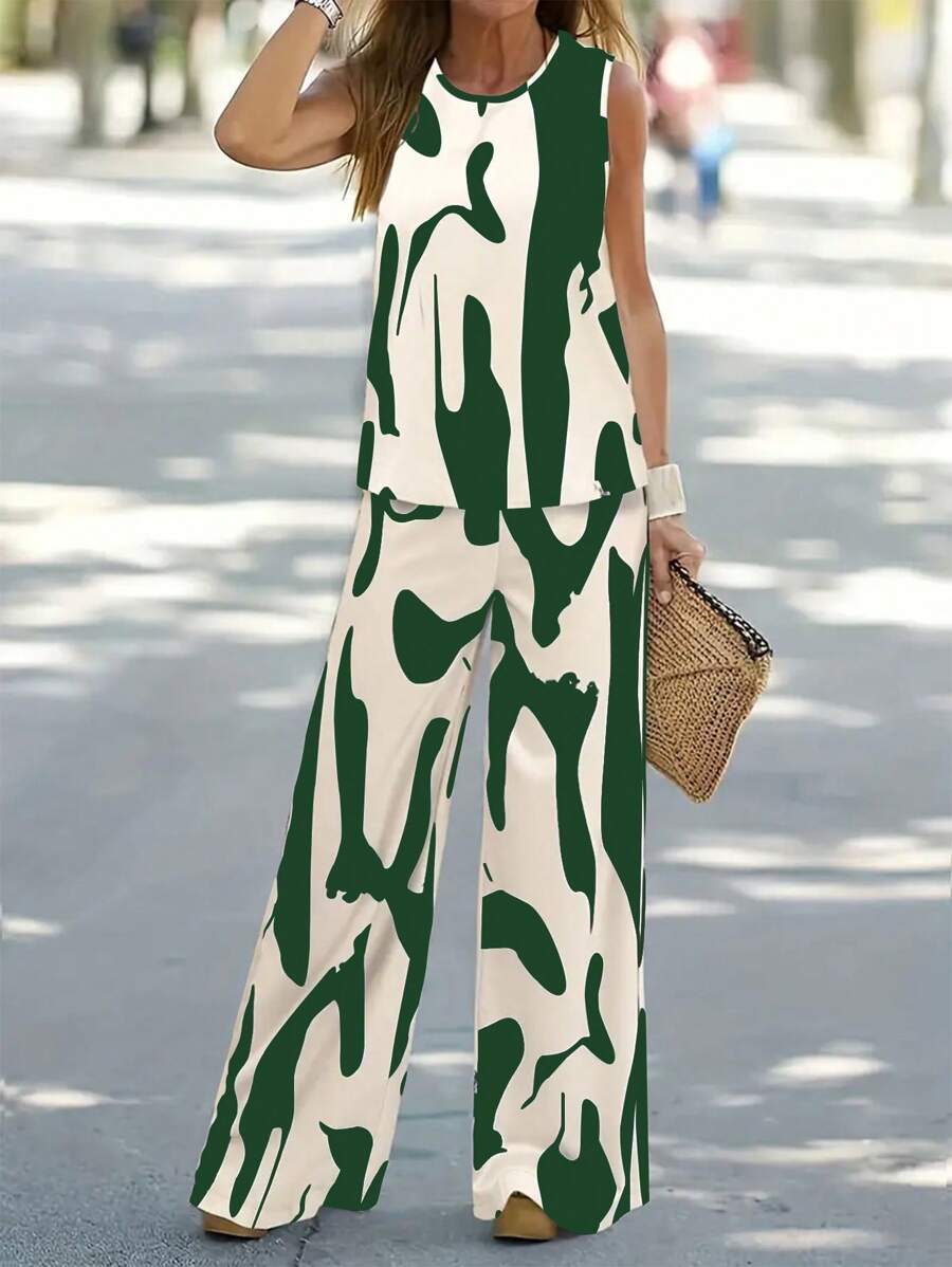 EMERY ROSE 2件套女士简约印花圆领无袖上衣和长裤套装 - 軍綠色 - 查看 1