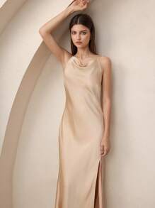 BizChic Rochie de vară elegantă și versatilă pentru femei 2025, fără mâneci, potrivită pentru afaceri, casual, vacanță la plajă, invitată la nuntă, festival de muzică country, brunch, ținută de aeroport - stil Stockholm, independență americană, rochie lungă din satin - Șampanie - Vizualizare 6