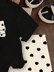 SHEIN Young Girl Polka Dot Bow Print Black Round Neck Short Sleeve T-Shirt And Heart Print Knit Skinny Shorts Cute 2-Piece Outfit, Summer Outfits Girls Outfit Sets Bow Clothes For Girls - White - View 3