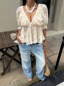 SHEIN Frenchy Women's Solid Color Deep V-Neck Ruffle Hem Short Sleeve Blouse Summer