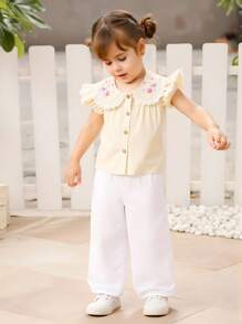 SHEIN Young Girl Floral Embroidery Peter Pan Collar Lace Trim Cap Sleeve Blouse - Apricot - View 3