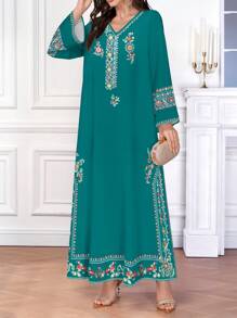 SHEIN Najma 复古优雅花卉复古印花休闲V领长袖女式长裙 - 彩色 - 查看 4